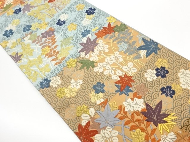 市松に秋草模様織出し袋帯